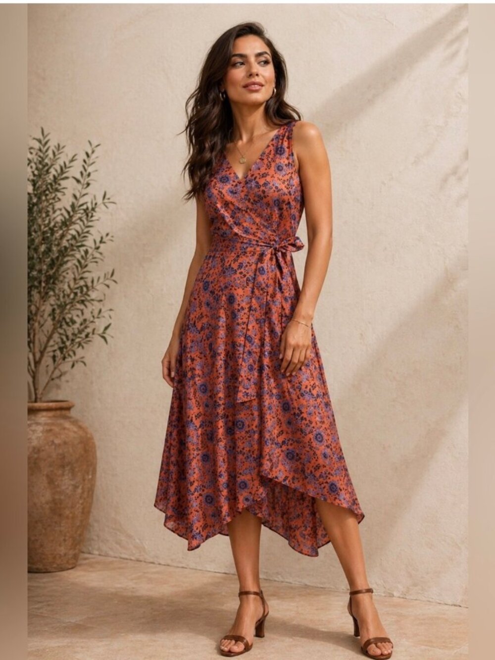 Club Monaco Brand New Boho Floral Wrap Satin Flowy Dress size 2/S Burnt Orange